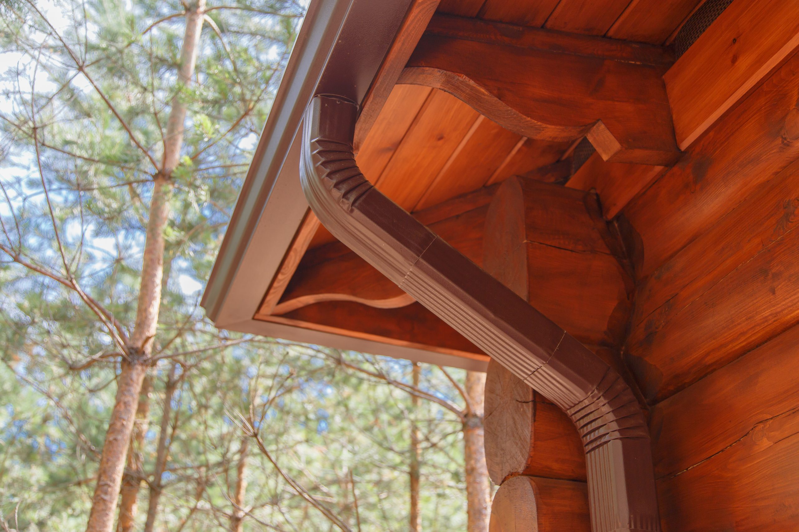 Roof gutter system on log house in forest Roof gutter system on log house in forest.