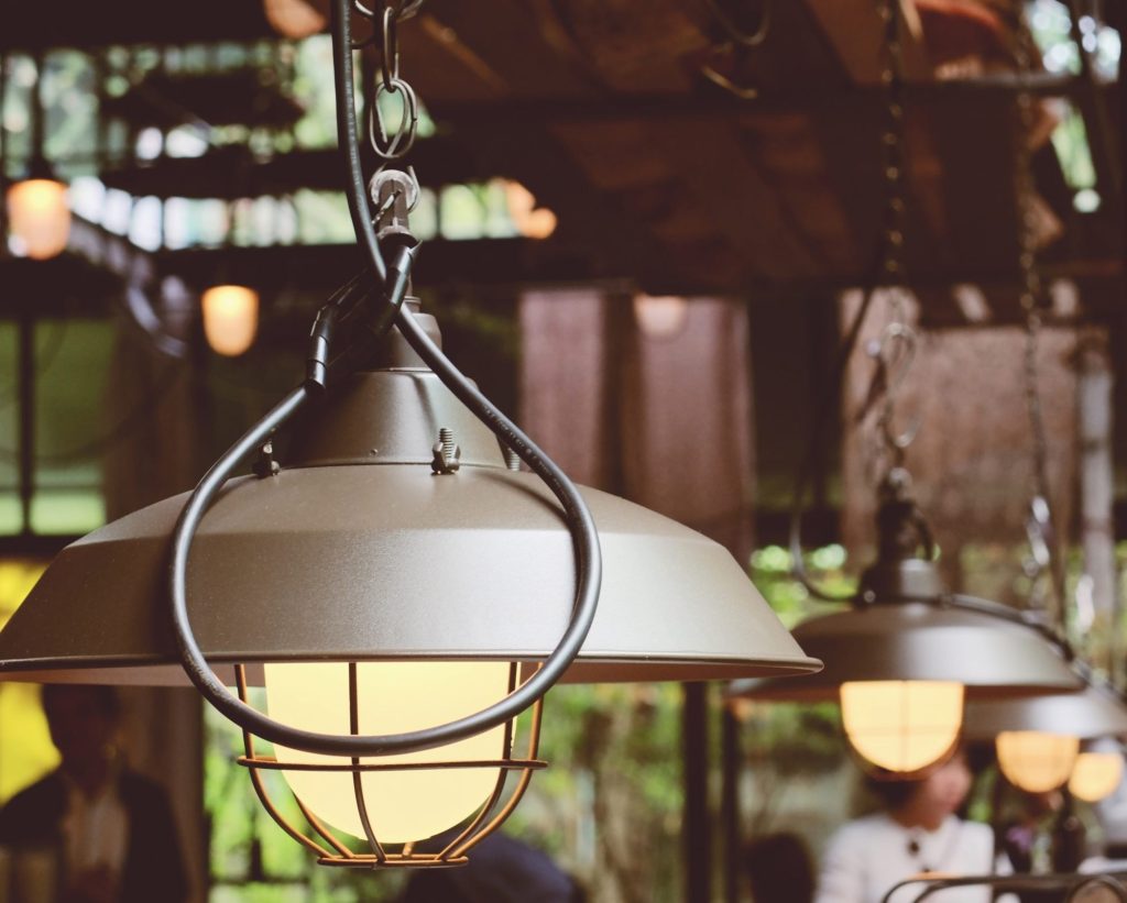 Vintage industrial pendant lamps in cafe setting
