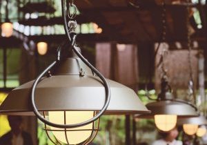 Vintage industrial pendant lamps in cafe setting